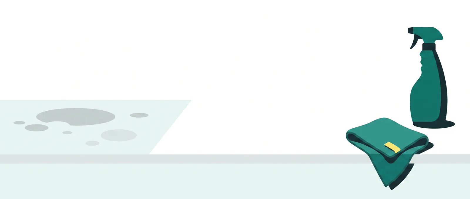 Flat-vector illustration of a half-wiped kitchen counter with a spray bottle and a folded cloth